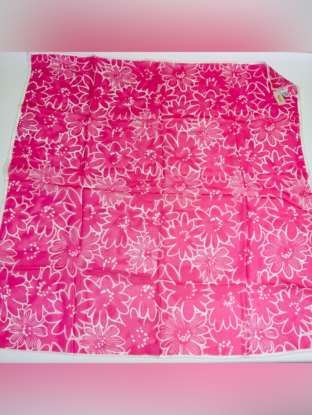Talbots Pink Floral Silk Scarf 26x26 Square Hand Rolled Bright Pink White Flower